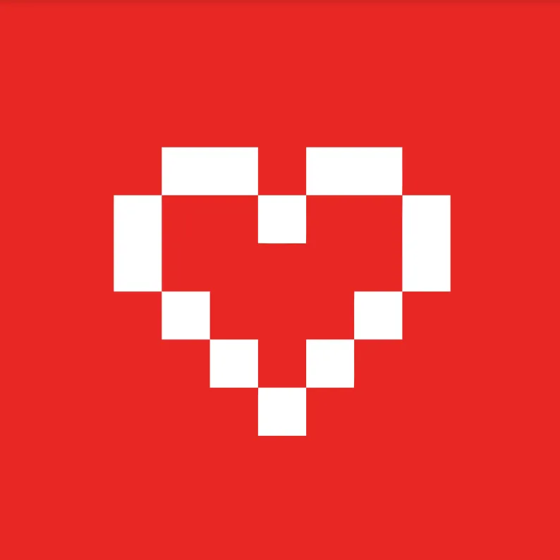 Logo of Rails Girls. A stylized heart in white pixelated blocks on a red background.