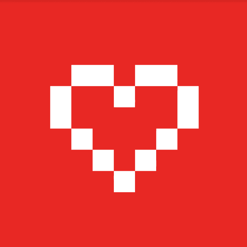 Logo of Rails Girls. A stylized heart in white pixelated blocks on a red background.