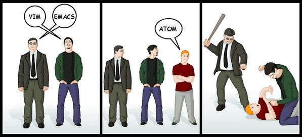 Cartoon image by @tpope: Parody of Mac vs PC commercials from the early 2000s. One man represents Vim and the other represents emacs. A third man appears and claims to represent Atom. The first two men are then seen beating up the Atom man.